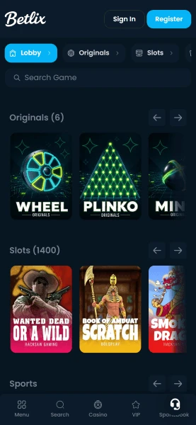 El lobby de Betlix Casino en el móvil